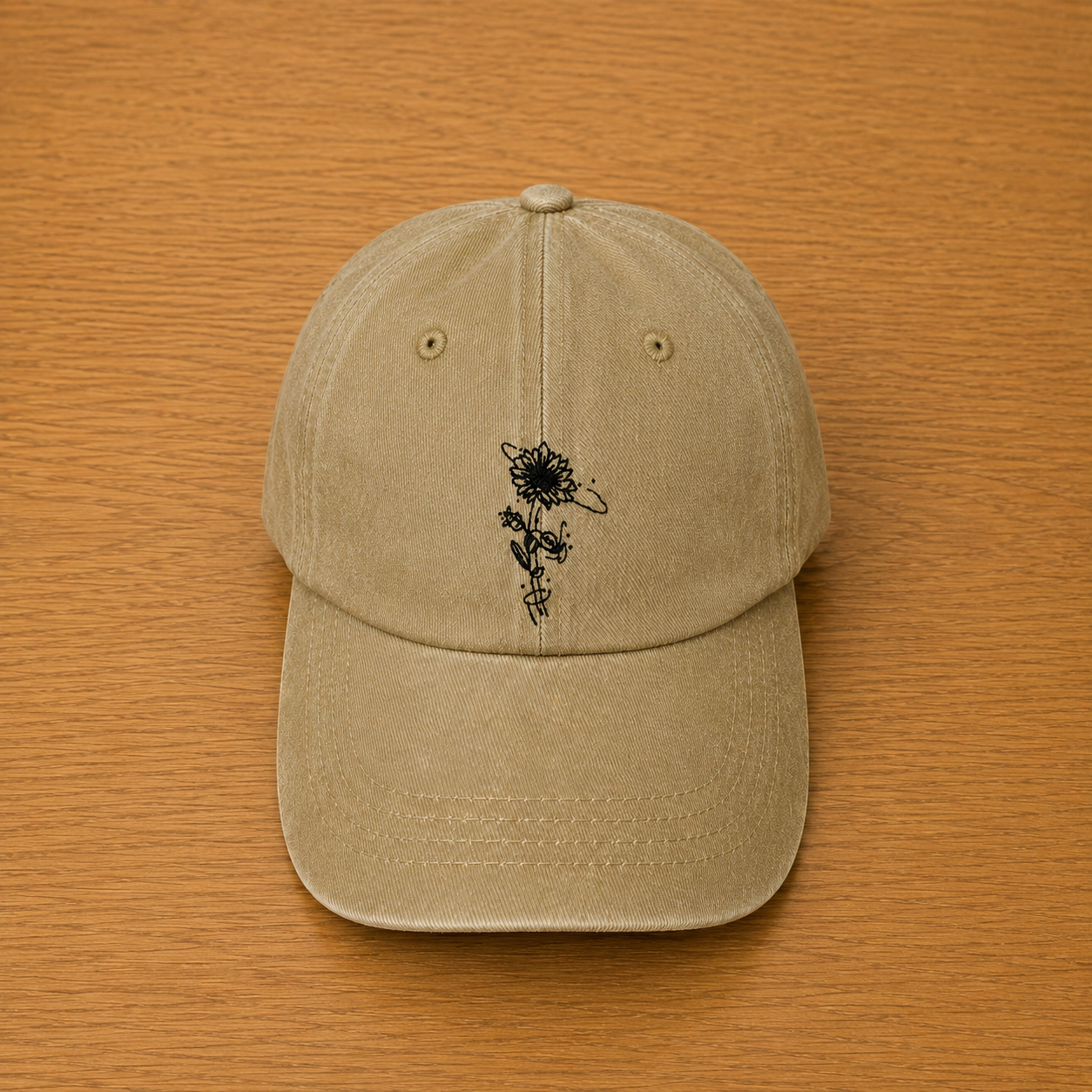 Gorra color arena con girasol bordado a mano
